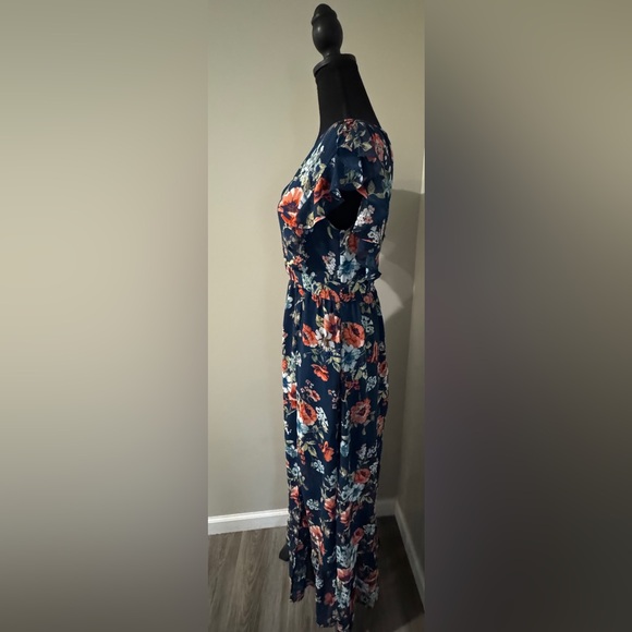 Navy Floral Maxi Dress Flutter Sleeve V Neck Smocked Waist Ruffle Hem - Picture 3 of 12